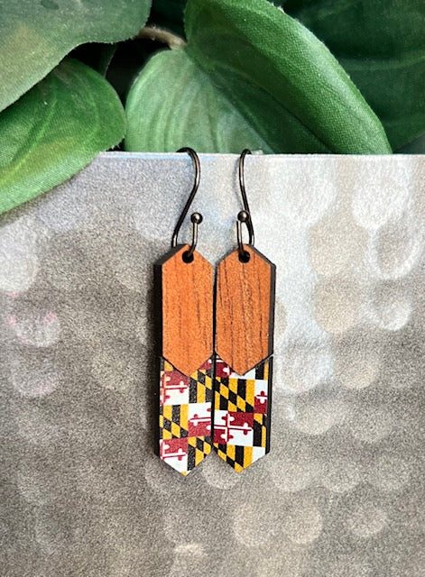 Koa Hardwood and Maryland Flag Acrylic rectangular earring