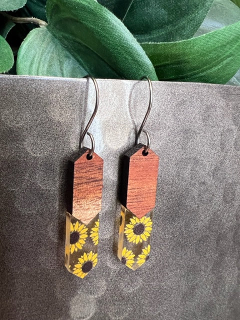 Koa Hardwood and acrylic sunflower rectangular earring